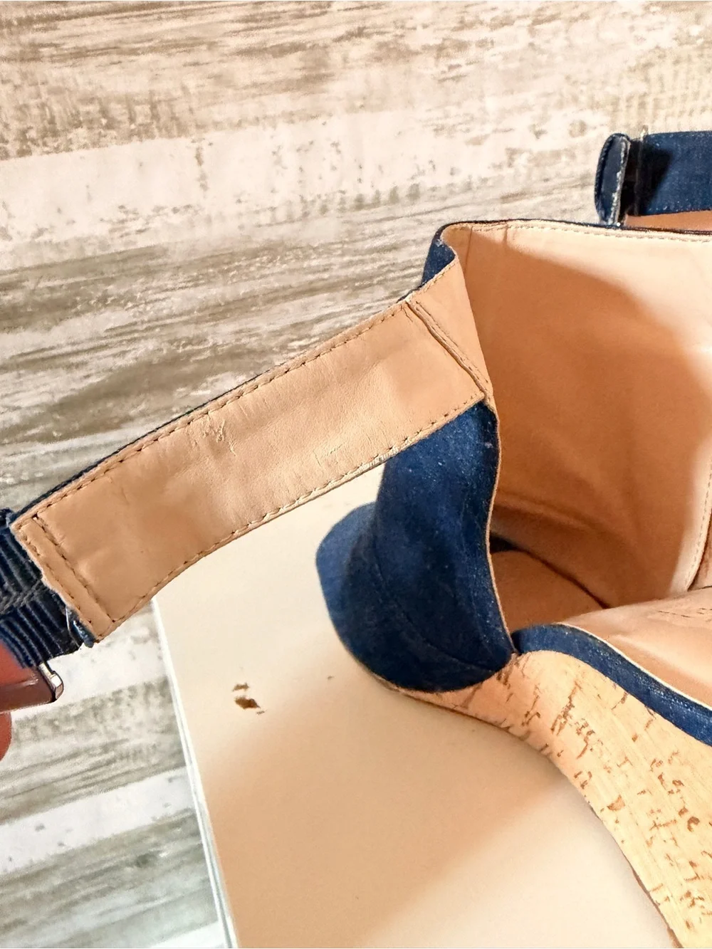 Nine West Denim Cork Wedge Peep-Toe Sandals - Dark Blue